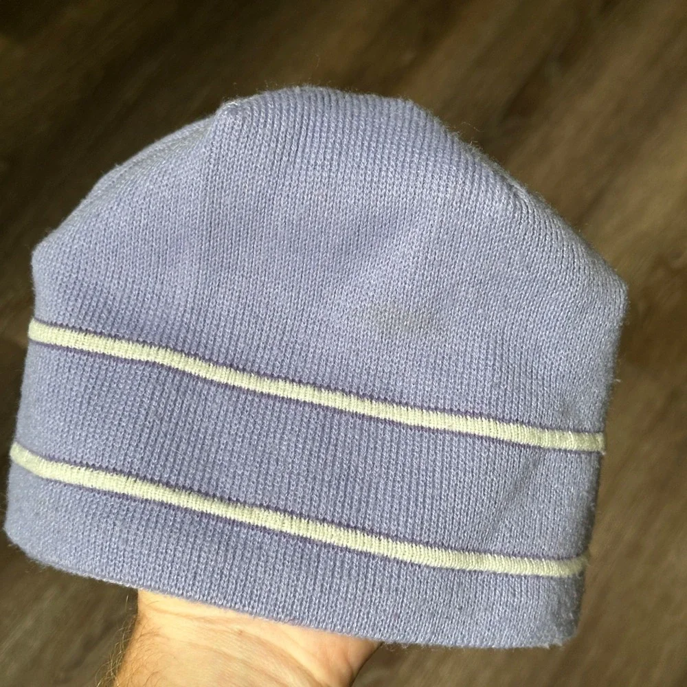 The North Face Periwinkle Blue Striped Knit Beanie Fleece Lined Winter Canada